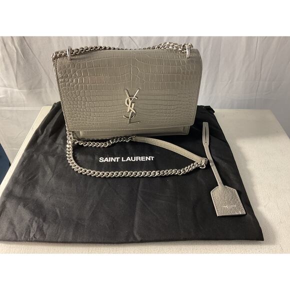 Saint Laurent 'Sunset' Grey Leather Croc-Embossed Shoulder Bag - Picture 2 of 6